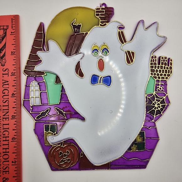 Vintage Halloween Window Hanging Haunted House Moon Ghost Black Cat Appx 9"x7" W - Picture 3 of 5